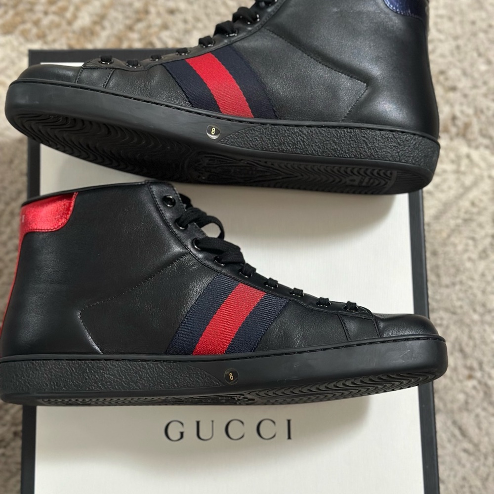 Gucci Black Leather High-Top Sneakers with Red & Navy Stripe